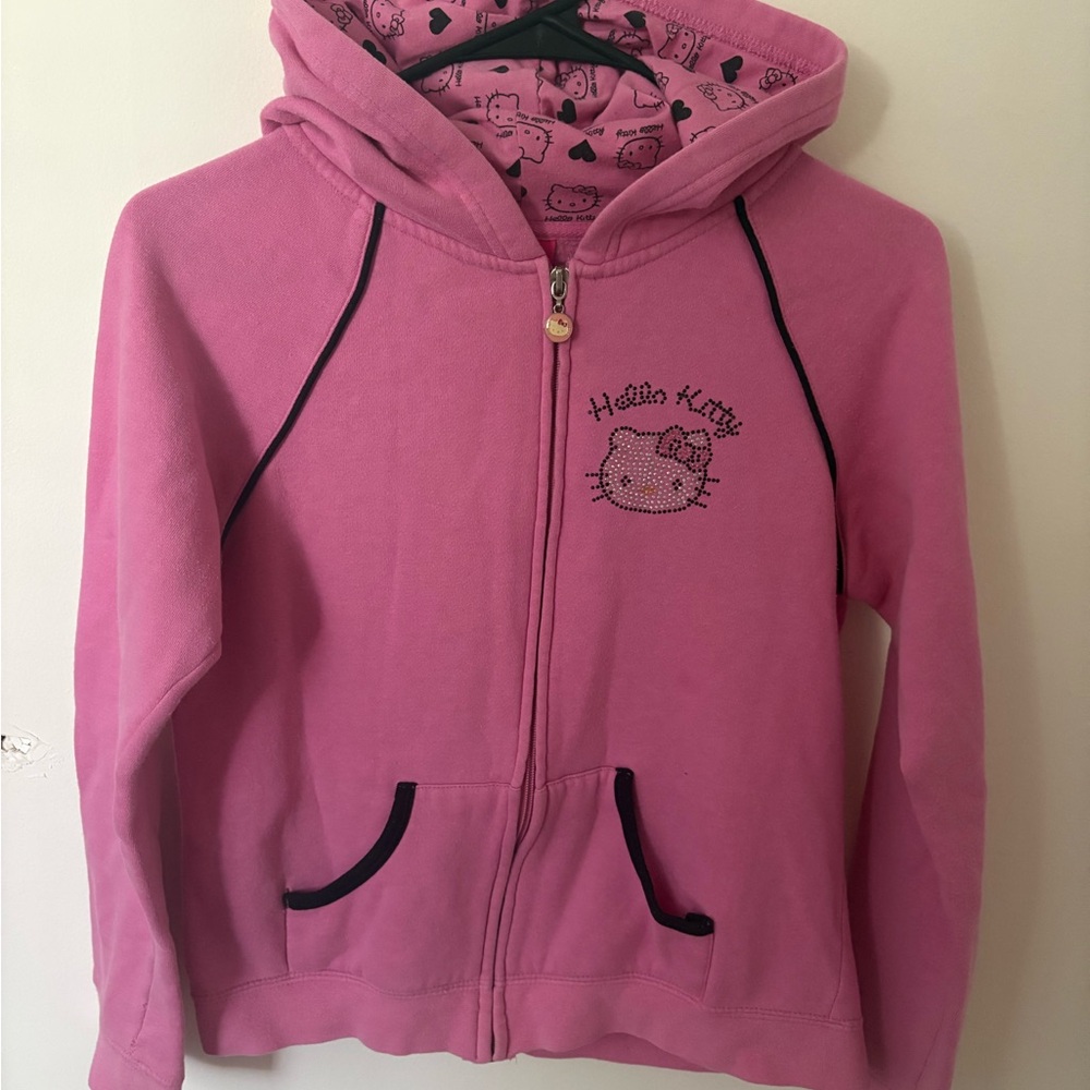 Hello Kitty Pink Rhinestone Hooded Zip-Up Sweatshirt with Black Trim
